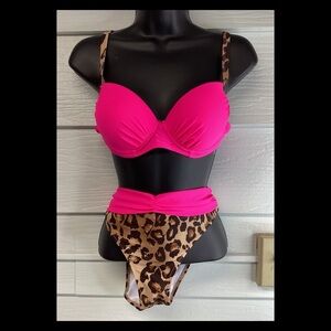 Pink and animal print two-piece swimsuit
